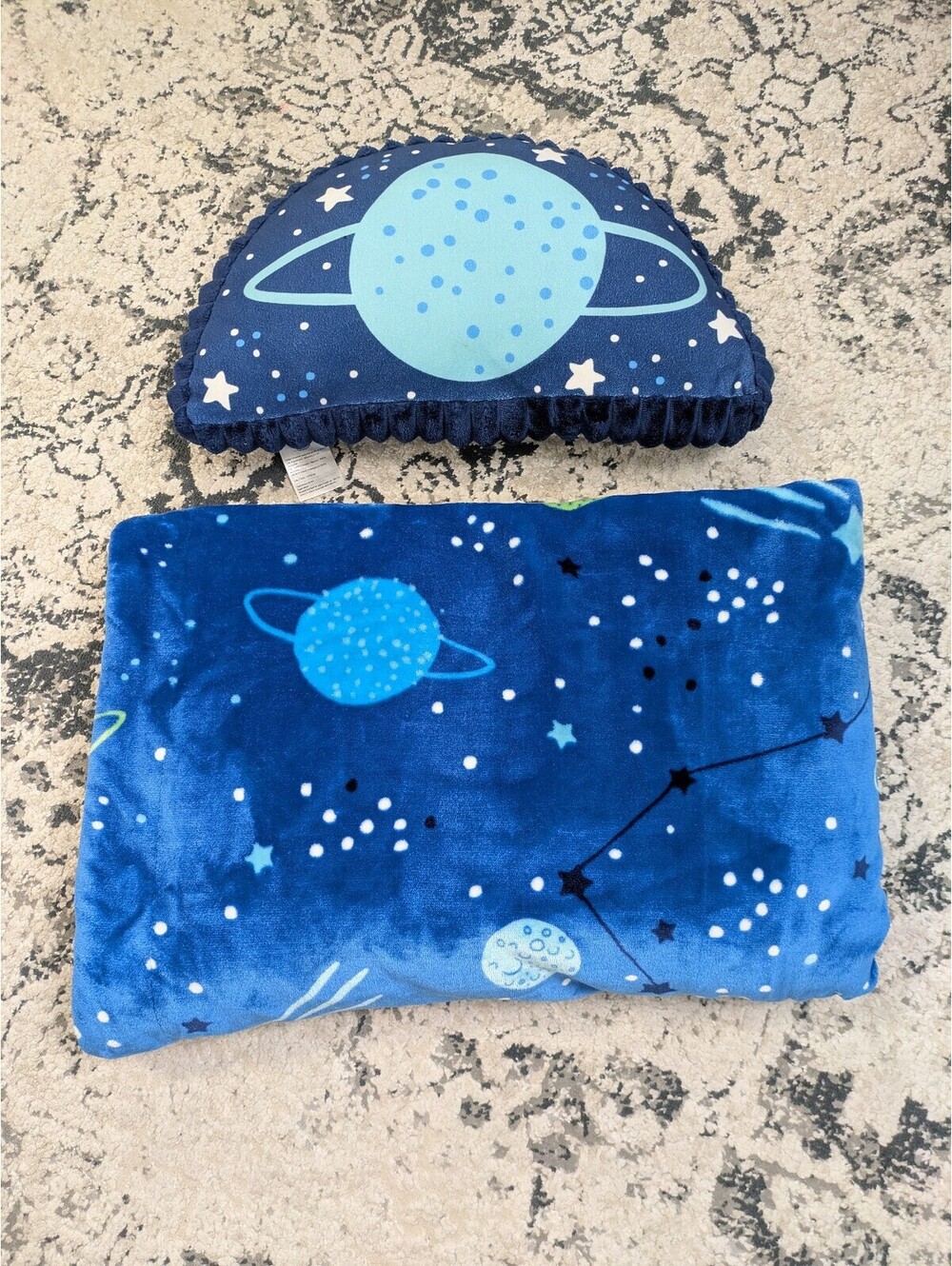 Little Miracles Baby Space Sherpa Blanket and Pillow Decorative Plush in Blue
